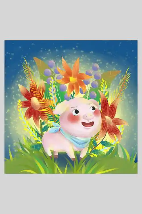 猪可爱手绘蓝唯美清新十二生肖插画