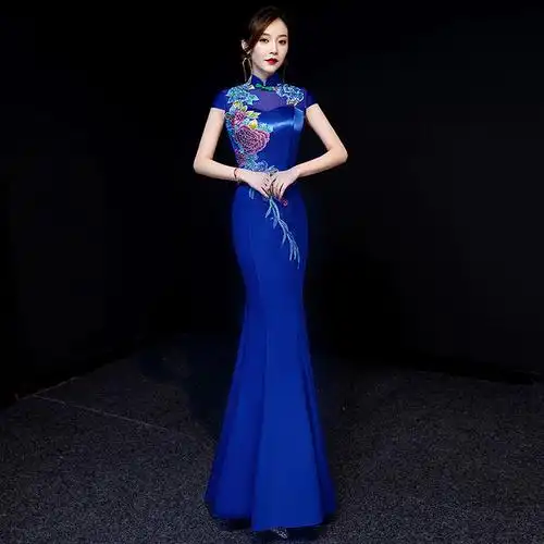 走秀演出服中国风宴会晚礼服新鱼尾旗袍长款舞台年会主持女-阿里巴巴