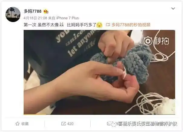 前几天孙莉微博晒了多多编制毛线兔子的视频.