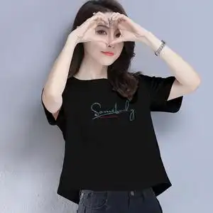短款短袖t恤女装宽松夏季设计感小众纯棉高腰黑色小个子洋气上衣