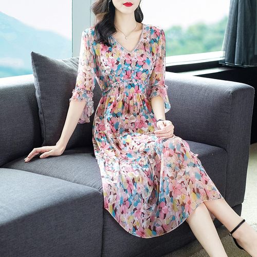 杭州重磅真丝连衣裙女中中长款收腰显瘦桑蚕丝连衣裙