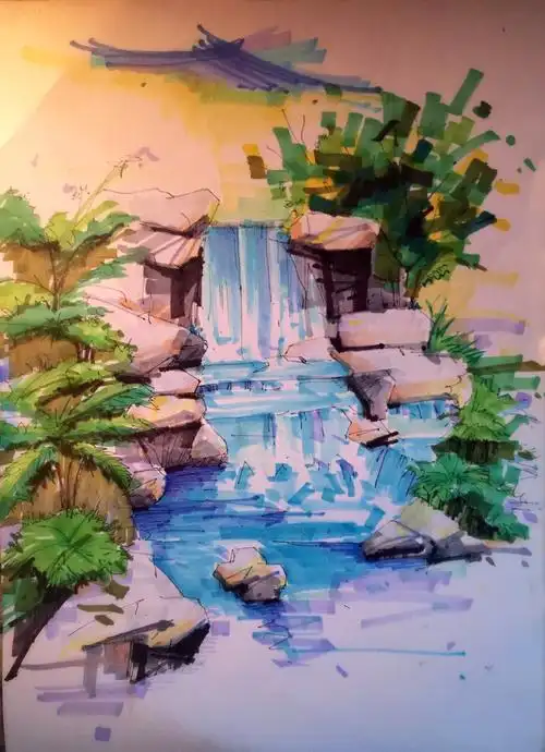 马克笔风景之-清泉石上流