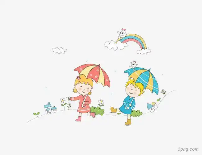 打雨伞的卡通儿童高清免扣两个俩卡通雨伞雨伞天下下雨雨伞卡通蓝白