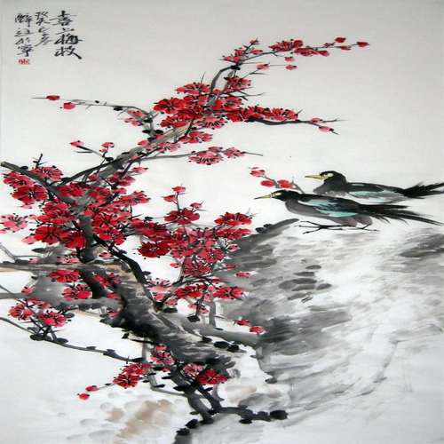 纯手绘四尺条幅客厅书房画框写意花鸟梅花喜鹊喜上梅枝名人字画