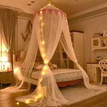 网红双层简约梦幻床幔公主风密双人三开门吊顶圆顶蚊帐毛球三开门粉色