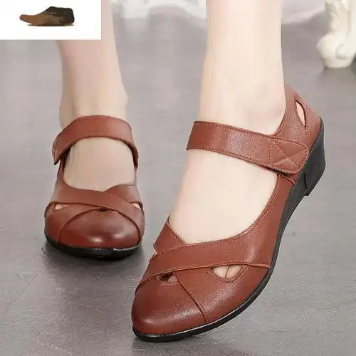 ideamini中老年女凉鞋平底妈妈鞋老人夏季皮凉鞋中年女士平跟休闲妈妈