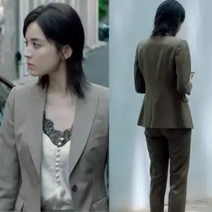 风暴舞古力娜扎周子萱同款衣服咖色修身通勤西服v领蕾丝上衣套装