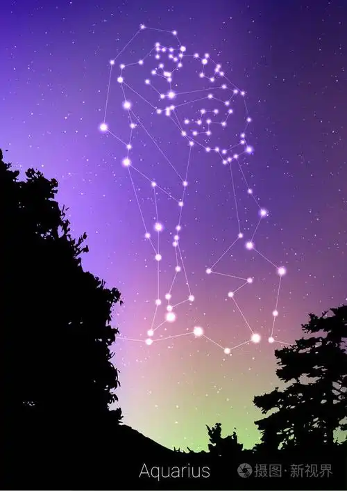 水瓶座星座与森林景观剪影在美丽的星空与星系和空间的背后.