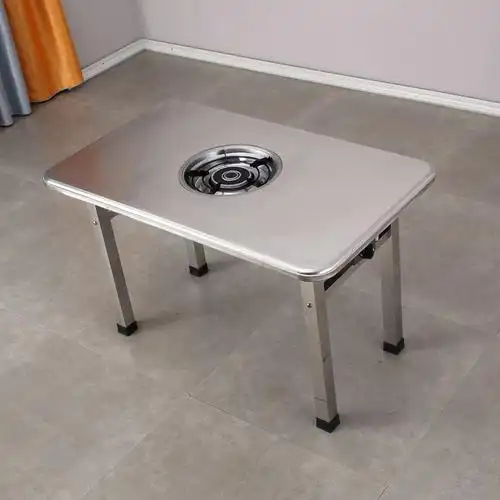 不锈钢火锅桌长方形大方脚餐桌海底捞同款简约加厚双层金属火锅桌