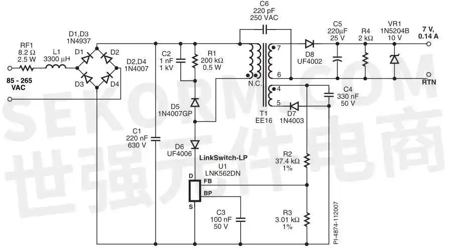 14a供电电源的电路原理图图1展示了一个使用lnk562dn离线式开关进行