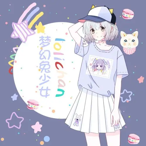 宅漫 梦幻兔耳萝莉少女印花浅紫短袖t恤百褶裙动漫二次元