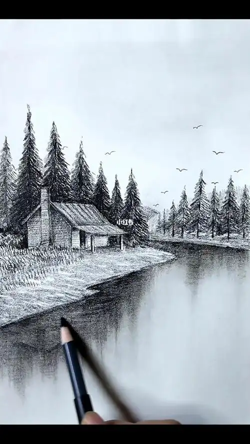 素描风景湖畔木屋