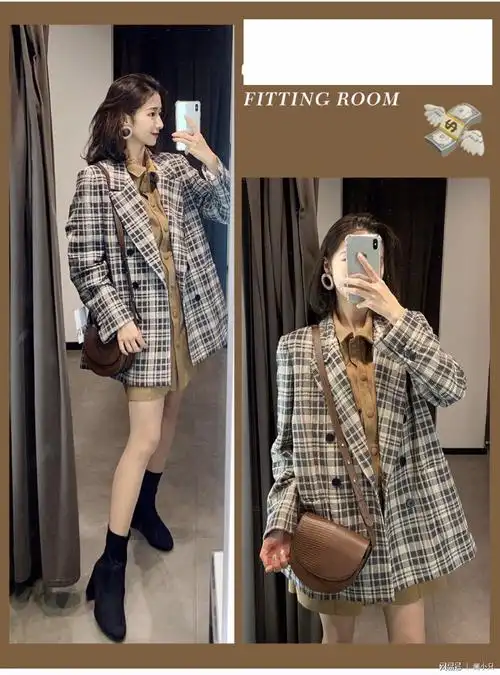 格子西装外套 黄色连衣裙