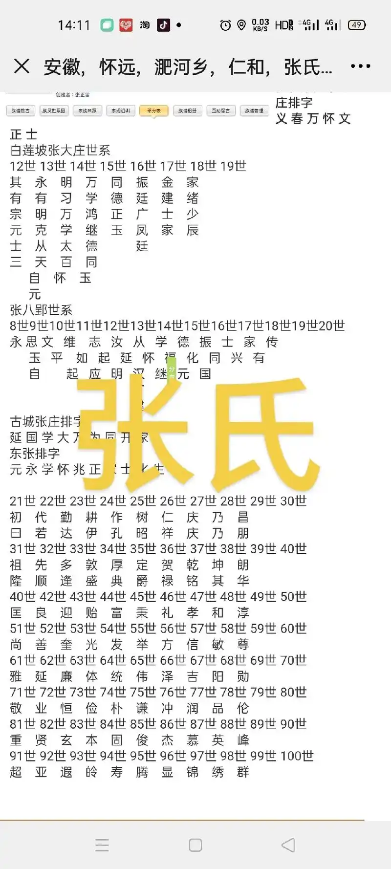 张氏宗亲进来看看你是多少世,怀远张八营家谱世系大全12世至1 - 抖音