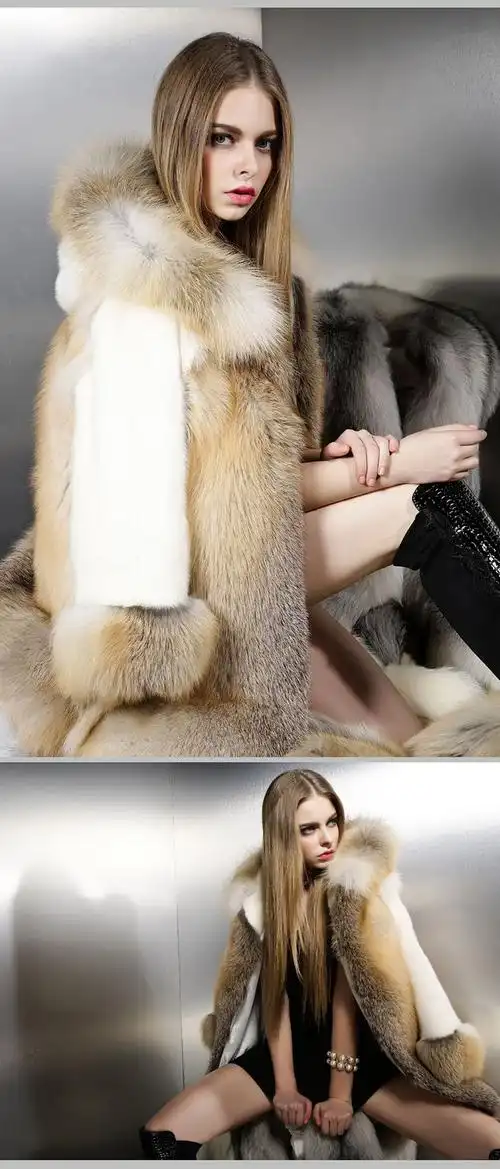 貂皮大衣女款整貂 中长带帽 2016水貂皮草外套 进口金岛狐 裘皮 _一淘