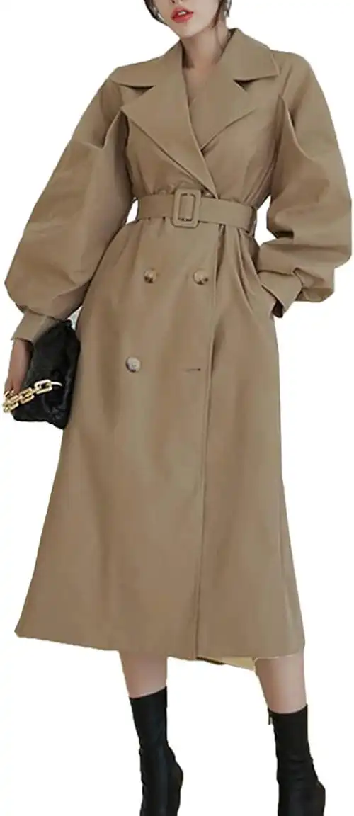 zeniruec 女式经典长款风衣双排扣外套带腰带翻领宽松外套风衣