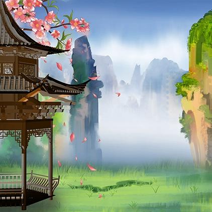 古风幽静高山绿色仙境戏曲亭子桃花高清led大屏幕舞台背景图片