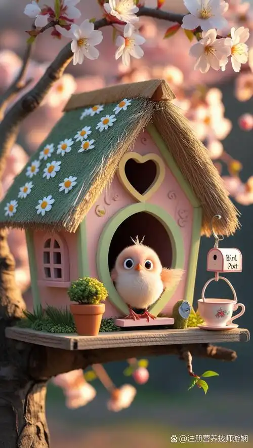 小圆鸟  在柔和的晨光中,一座迷人而舒适的鸟巢矗立在樱花花枝下,鸟巢