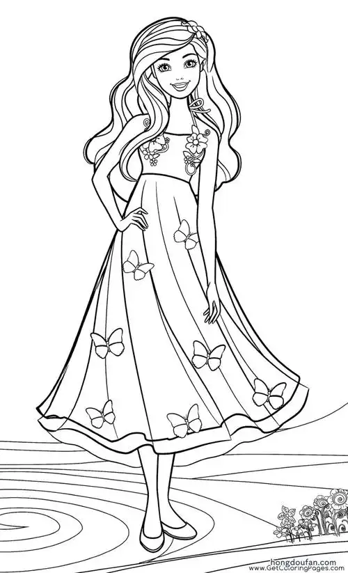 拿着星星魔法棒的芭比娃娃公主填色图片大全-红豆饭小学生简笔画大全