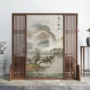 新中式屏风隔断客厅进门玄关简约现代办公室山水木质座屏高山流水