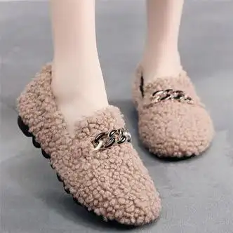 waitawait秋冬季带毛毛外穿豆豆鞋女士懒人一脚蹬单鞋布鞋女平底加绒