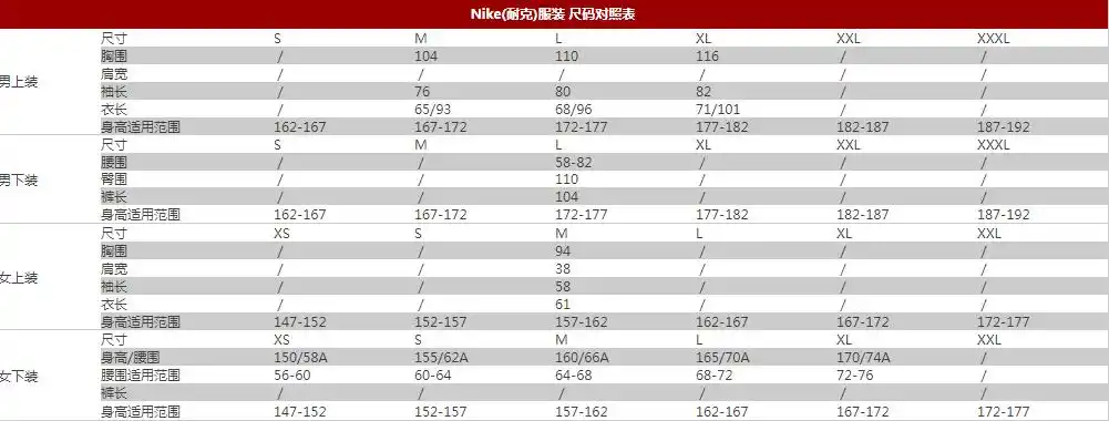 nike耐克服装尺码对照表