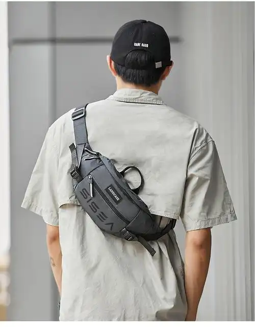 新款男士腰包夏季多功能小型运动斜跨手机胸包潮牌时尚单肩斜挎包灰色