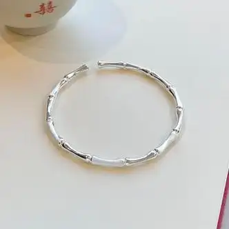 黛丝美新款竹节银手镯女实心开口年轻款足银镯子999民族风素圈手环 一