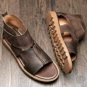 44折)2020欧美夏季系带厚底高帮凉鞋露趾罗马鞋男韩版休闲真皮搭扣