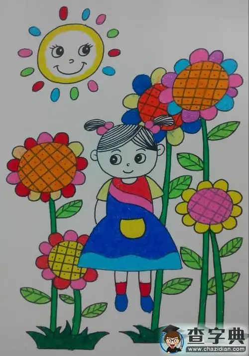 向日葵花间的小女孩儿童画图片在线下载