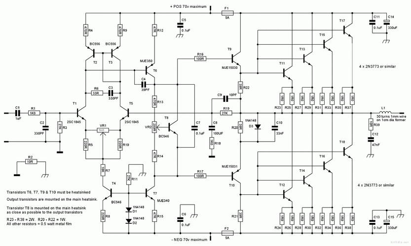 [分立后级] 求个 -70v甲乙类功放电路图