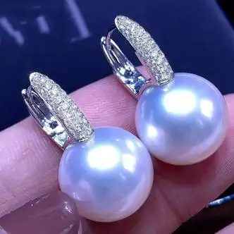 gioio澳白珍珠耳钉澳洲南洋白珠水桶耳环色海水金镶钻石正圆极