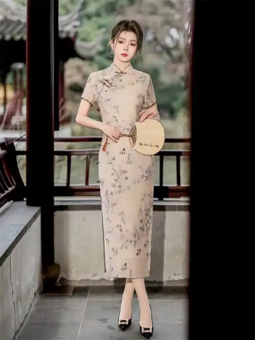 旗袍2024新款春夏季复古素雅中国风传统老旗袍苏州修身天丝麻显瘦