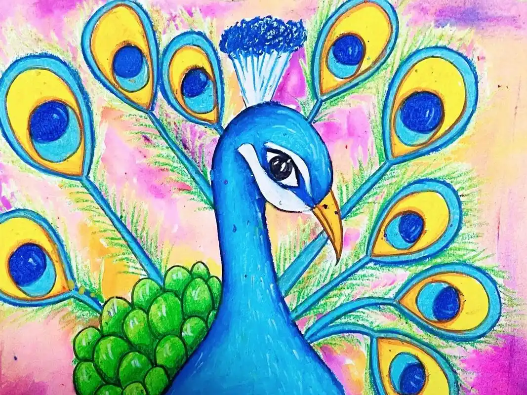 孔雀08 油画棒与水粉结合[爱你]#儿童画# #油画棒# ##孔雀