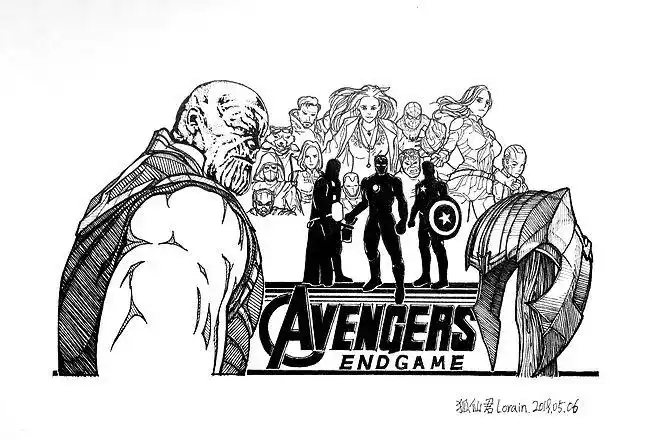 复仇者联盟4终局之战漫威灭霸钢铁侠美队惊奇队长雷神手绘插画线稿