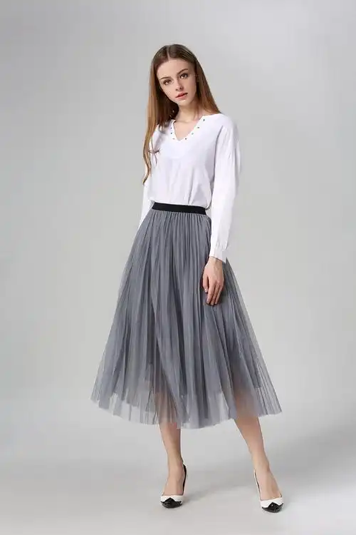 亚妮梦奴2016春夏新款时尚百搭大牌网纱百褶裙大摆裙半身裙长裙 黑色