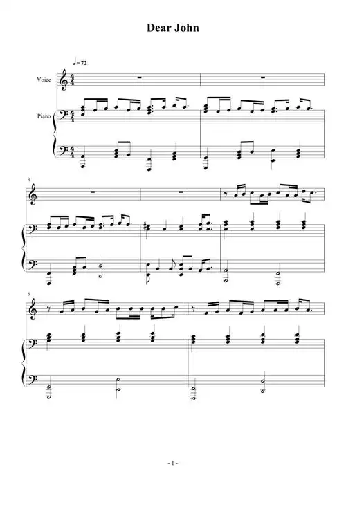 dear john钢琴谱_比莉_c调_弹唱谱钢琴谱伴奏谱五线谱_钢琴谱|钢琴