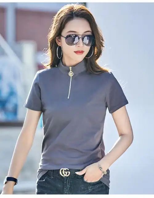夏天小立领拉链t恤女短袖棉高领个性女款夏短款有带领上衣汗衫超薄款