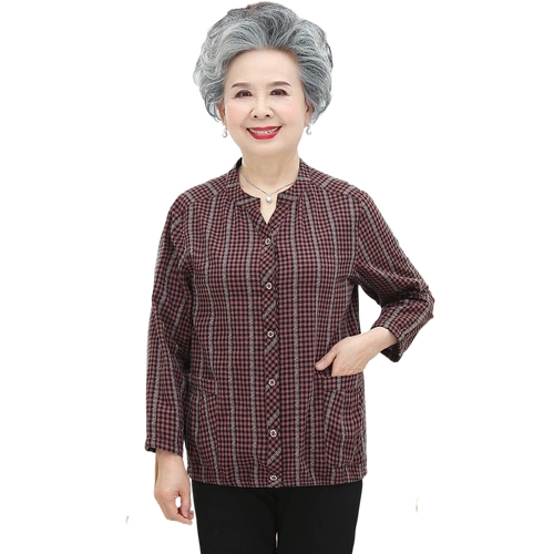 奶奶春装长袖衬衫中老年人夏装套女老太太格子衬衣中老年女装