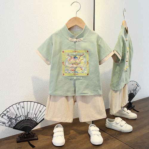 夏装宝宝唐装中国风孩夏季短袖套装民族风薄款古装 豆绿色 方格龙套装