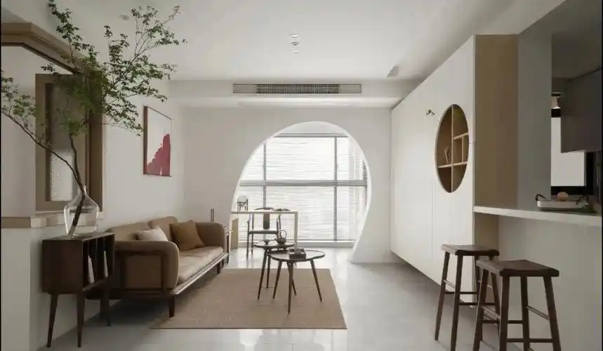 [栗子r]客厅整体空间以白色 原木风为主基调,步入客厅拱形门洞极为