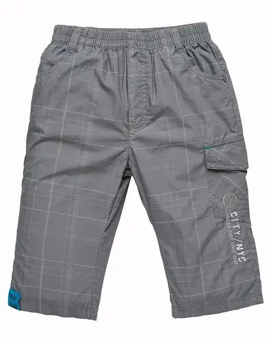 男中童深灰印格平纹布裤子