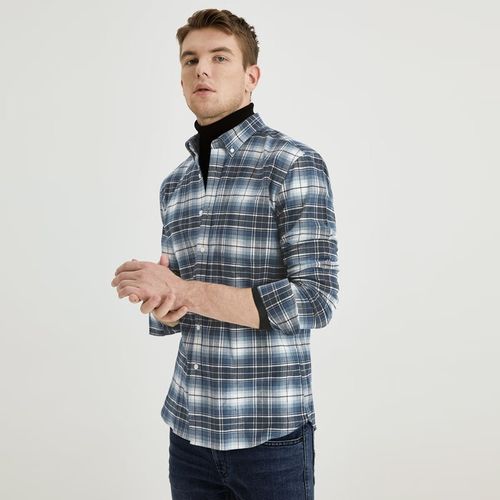 第五季 新疆长绒棉it男格子衬衫男秋冬装略厚款长袖渐变模糊格纹衬衣