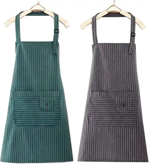 烹饪围裙,可爱厨房女式围裙,带口袋,棉质可调节厨师围裙(灰色/*条纹)