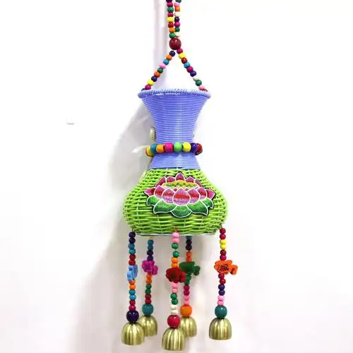 民族风小背篓 彩色塑料编织背篓 背篓风铃双肩彩色儿童背篓挂件