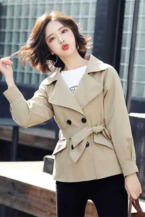 2021春chic150小个子卡其色翻领风衣女短款显瘦短外套