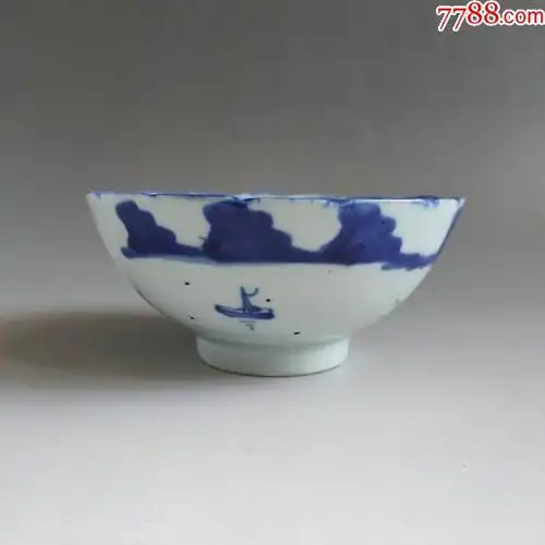 晚清民国青花渔樵耕读团鹤碗