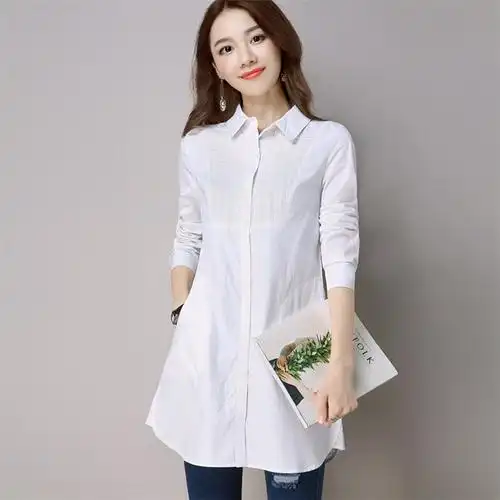 2017春秋新款长袖衬衫女款韩版修身时尚中长款衬衣 显瘦