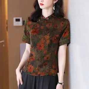 清度真丝花萝香云纱短袖女小立领刺绣中式短款重磅桑蚕丝上衣