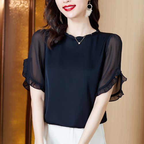 简约时尚小衫女夏季新款宽松遮肚子短袖上衣纯色套头中年妈妈衬衫